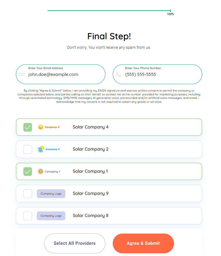 Webpage screenshot of a final step in a form, with email and phone fields, and options to select solar companies.