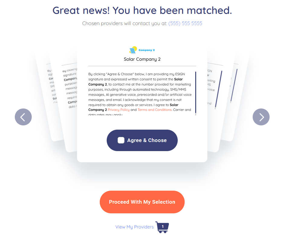 Matching screen with text "Great news! You have been matched" and solar company options.