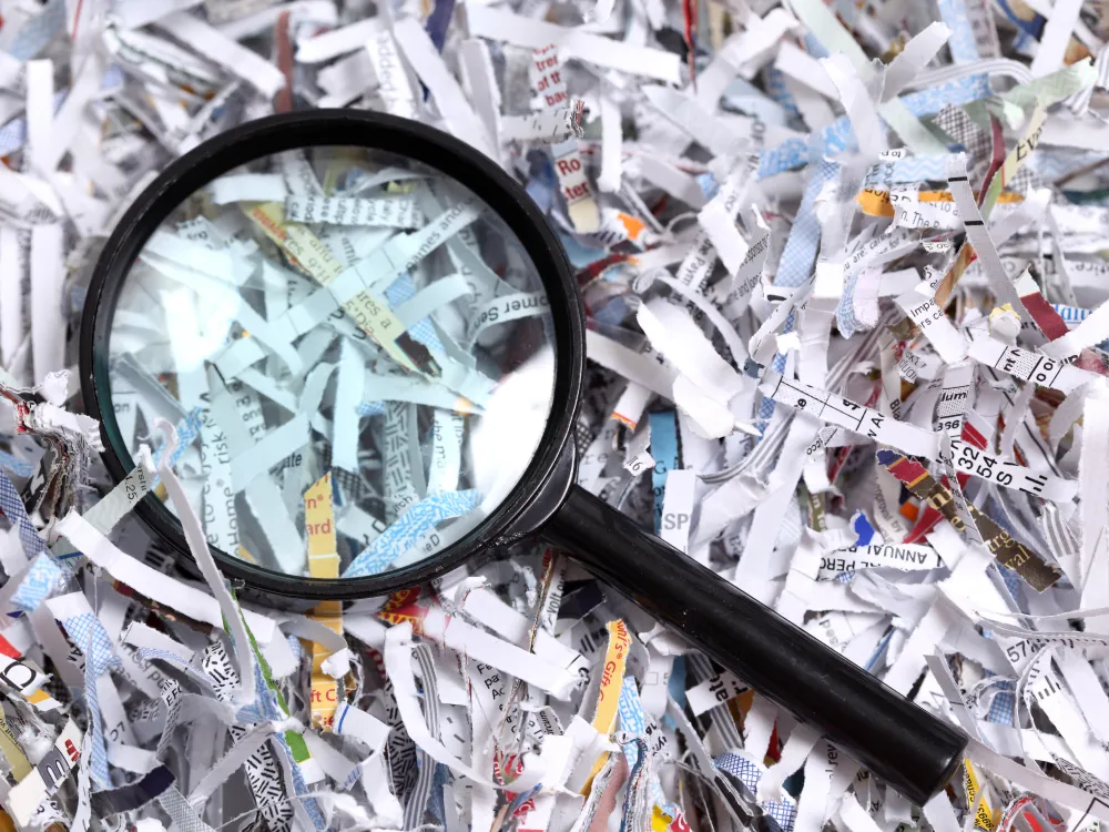 A magnifying glass rests on a pile of shredded paper.