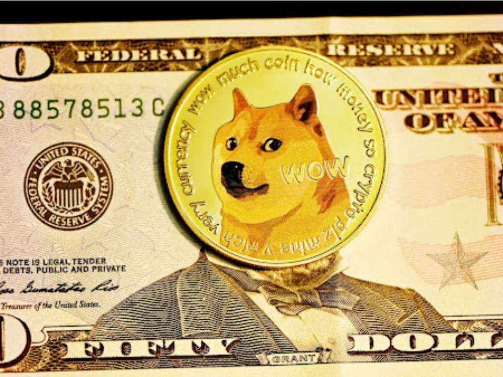 A gold Dogecoin with a Shiba Inu's face overlays a fifty-dollar bill, blending cryptocurrency and cash imagery.