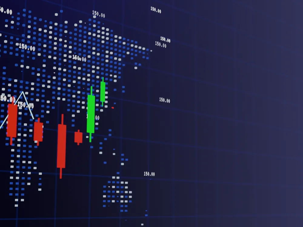 Stock market chart featuring green and red candlestick patterns on a dark background.